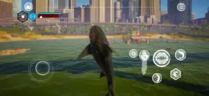 The shark rearing out of the water before a city skyline