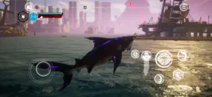 A bone-armoured shark at dusk near a dockside town