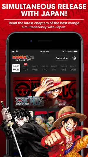 MANGA Plus home screen with a Monday-to-Sunday release calendar, a Subscribe button and a One Piece chapter 1174 banner