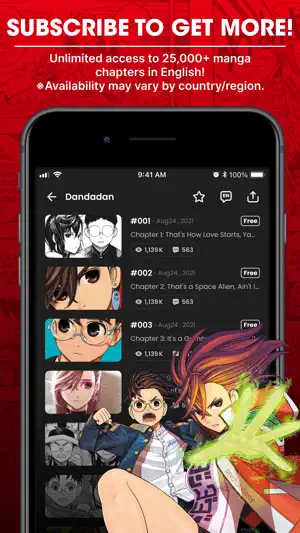 Dandadan chapter list with chapters 001 to 003 tagged Free, each showing view and comment counts