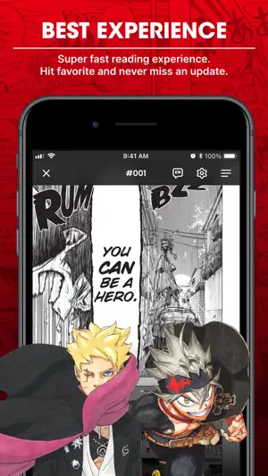 Manga reader open on chapter 001, with comment, EN language, settings and menu icons in the top bar