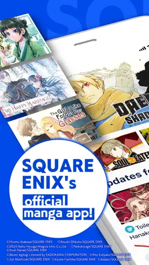 Manga UP! promo banner calling it Square Enix's official manga app, over covers of The Apothecary Diaries, Soul Eater and Daemons of the Shadow Realm