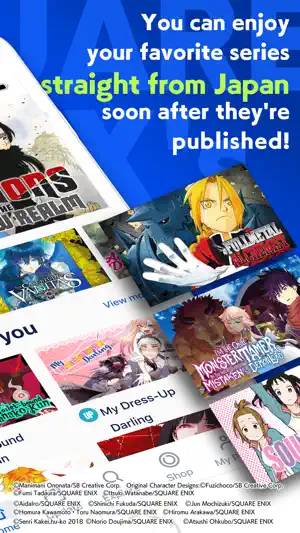 Manga UP! home feed with Fullmetal Alchemist, The Case Study of Vanitas and My Dress-Up Darling covers under a simulpub banner