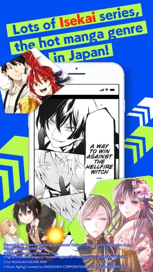 Black-and-white manga page open in the Manga UP! reader, framed by an Isekai series promo