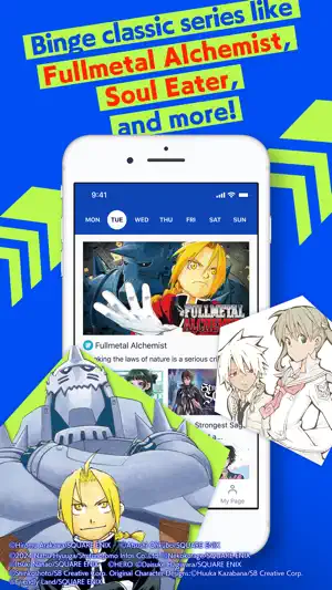 Manga UP! weekday schedule with Tuesday selected and Fullmetal Alchemist as the featured update