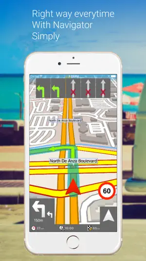MapFactor Navigator lane guidance on North De Anza Boulevard with two green left-turn lanes, a left turn in 150 m and a 60 speed-limit sign