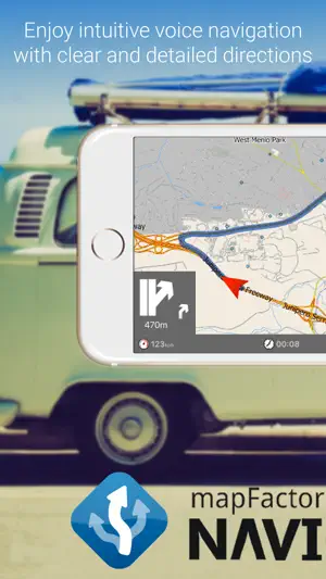 MapFactor Navigator in landscape on Junipero Serra Freeway with a right-exit arrow at 470 m and 123 km/h current speed