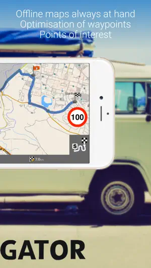 Offline map route near Stanford with a start flag, a checkered finish flag, a 100 speed-limit sign and 7.6 km to go