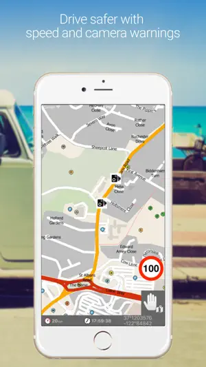 Map with two speed camera icons along St Albans Road, a 100 speed-limit sign and GPS coordinates in the bottom panel