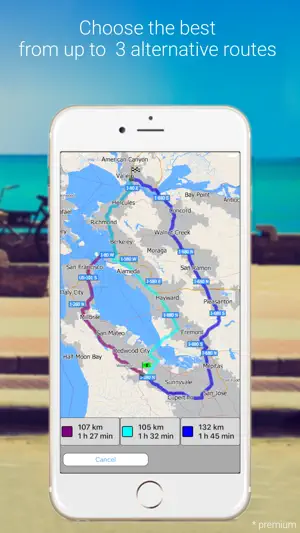 Three alternative routes across the San Francisco Bay Area: 107 km in 1 h 27 min, 105 km in 1 h 32 min and 132 km in 1 h 45 min