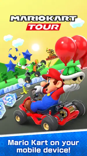 Title art with the plumber racing beneath balloons