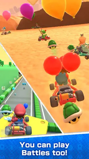 Balloon battle with karts trailing coloured balloons