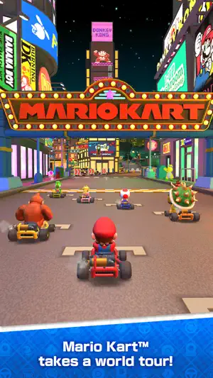 Neon city course under a lit Mario Kart archway
