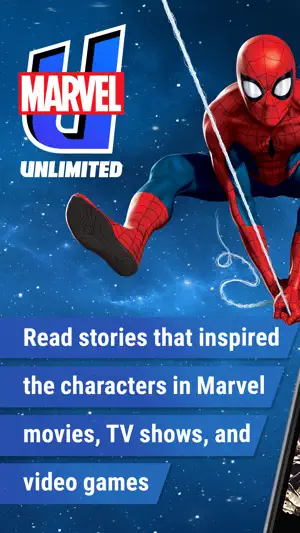 Marvel Unlimited logo beside Spider-Man swinging on a web, with a caption about stories behind Marvel movies, TV shows and games