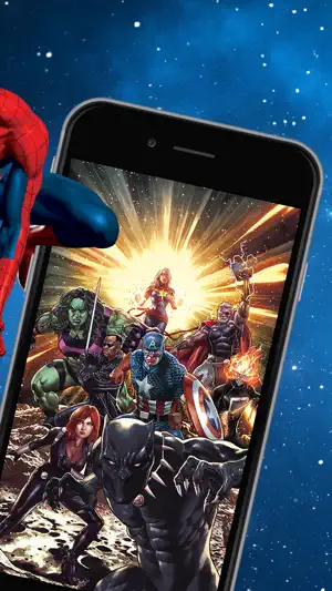 Phone showing an Avengers cover with Captain Marvel, Captain America, Black Panther, Black Widow and She-Hulk as Spider-Man reaches in from the left