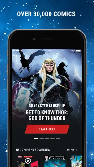 Home screen with a Character Close-Up card on Thor, God of Thunder, a Start Here button and a Recommended Series row under the caption Over 30,000 Comics