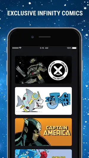 Exclusive Infinity Comics list with banners for X-Men Unlimited, It's Jeff, Captain America and Giant-Size Little Marvels