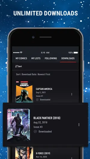 My Library Downloads tab sorted by download date, listing Captain America #1, Black Panther (2018) #3 and X-Force (2019) marked Downloaded