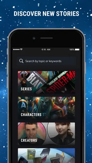 Discover screen with a topic and keyword search bar above Series, Characters and Creators tiles