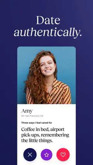Match profile card for Amy, 34, San Francisco, with a Three ways I feel cared for prompt and pass, Super Like and Like buttons