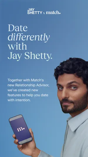 Match promo screen introducing relationship advisor Jay Shetty, who holds a phone showing the Match logo