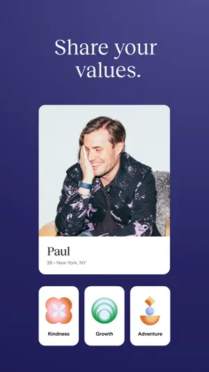 Match profile card for Paul, 38, New York, with three Core Values: Kindness, Growth and Adventure