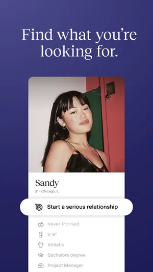 Match profile for Sandy, 31, Chicago, showing the goal Start a serious relationship plus height, education and job fields