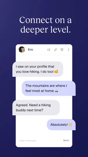 Match chat thread with Eric about hiking, with video call, voice call and safety shield icons in the header