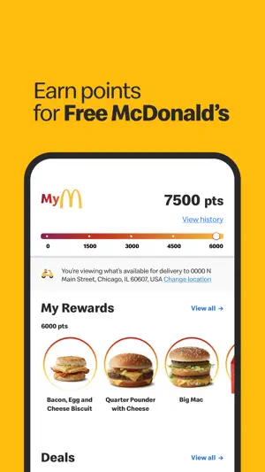 MyMcDonald's Rewards screen with a 7,500-point balance on a 0–6,000 tier bar and 6,000-point rewards: Bacon, Egg and Cheese Biscuit, Quarter Pounder with Cheese and Big Mac