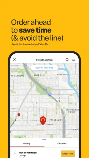 Select Location map of Chicago's West Loop with a McDonald's pin and a Nearby entry for 1035 W Randolph with an Order Here button