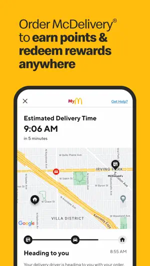 McDelivery tracking screen showing a 9:06 AM estimated delivery time, a route map and a Heading to you status