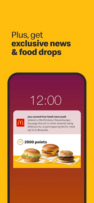 Lock-screen notification offering a McChicken, Cheeseburger or Sausage Biscuit for 2,000 Rewards points