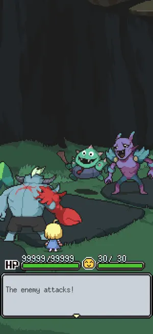 Roy the ogre in battle beside Meg, with 99,999 HP and a text box reading The enemy attacks