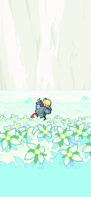 Roy carrying Meg through a field of white flowers under a waterfall