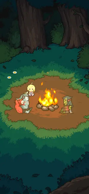 Roy, Meg and Golan around a campfire in a forest clearing