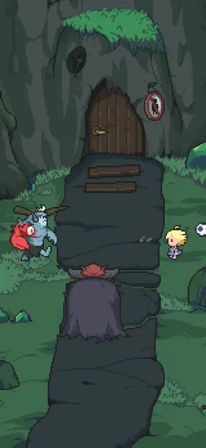 Roy and Meg outside a wooden door in a cave wall