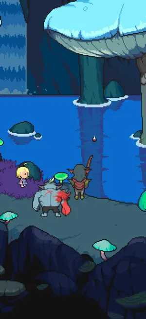 Roy, Golan and Meg on a lakeside path under giant mushrooms