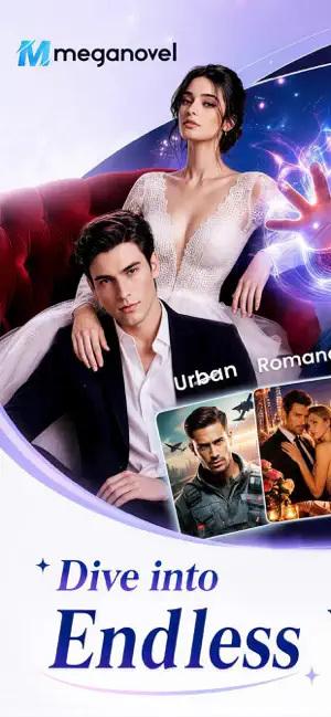 MegaNovel promotional banner with a couple on a red sofa, Urban and Romance cover tiles and the slogan Dive into Endless