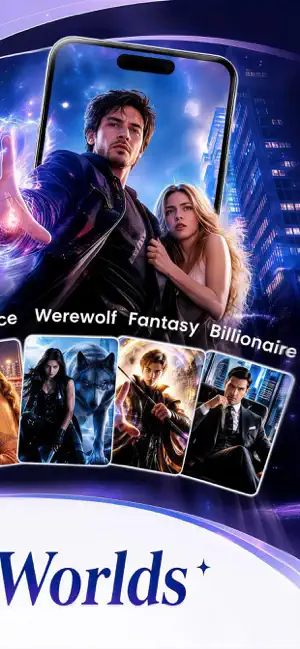 Second half of the banner: a man with a glowing hand beside a woman, Werewolf, Fantasy and Billionaire cover tiles and the word Worlds