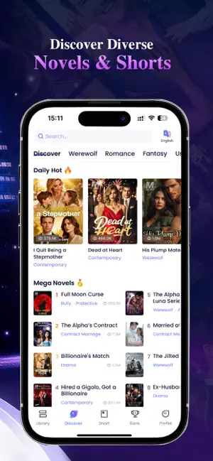 MegaNovel Discover tab with Werewolf, Romance and Fantasy tabs, a Daily Hot row with view counts, a ranked Mega Novels list and Library, Discover, Short, Rank and Profile buttons