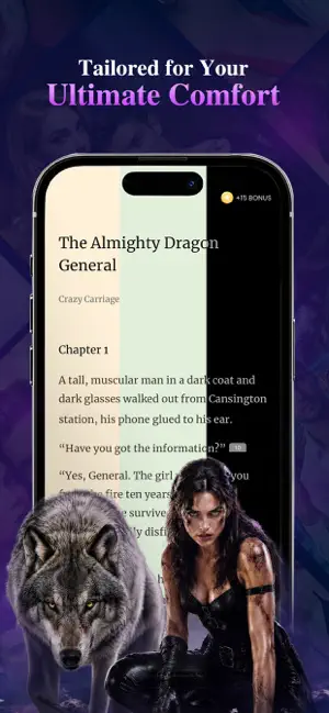Reader showing Chapter 1 of The Almighty Dragon General on cream, mint and black page colours, with a +15 Bonus counter and a numbered bubble after a line of dialogue