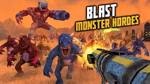 A horde of blue lizardmen charging under an orange sky with a yellow rifle in hand, captioned blast monster hordes