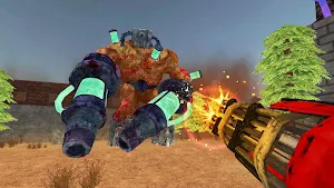 A tusked, cannon-armed boss mutant facing a red minigun on a rocky slope