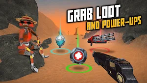 A masked figure in a cowboy hat beside health orbs and a rifle, captioned grab loot and power-ups