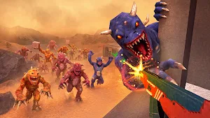 A screaming blue mutant lunging at the camera amid a horde of red-skinned creatures