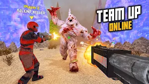 A red-armoured player firing at a pale mutant beside another player's name tag, captioned team up online