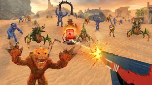 Mutants and an armoured brute charging across desert ruins toward a red rifle