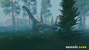 A long-necked sauropod in a misty pine forest, Mesozoic Dawn watermark