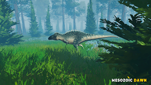 An armoured ankylosaur crossing bright green grass between trees