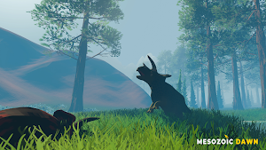 A horned ceratopsian and a small dinosaur on a hillside under pale mountains